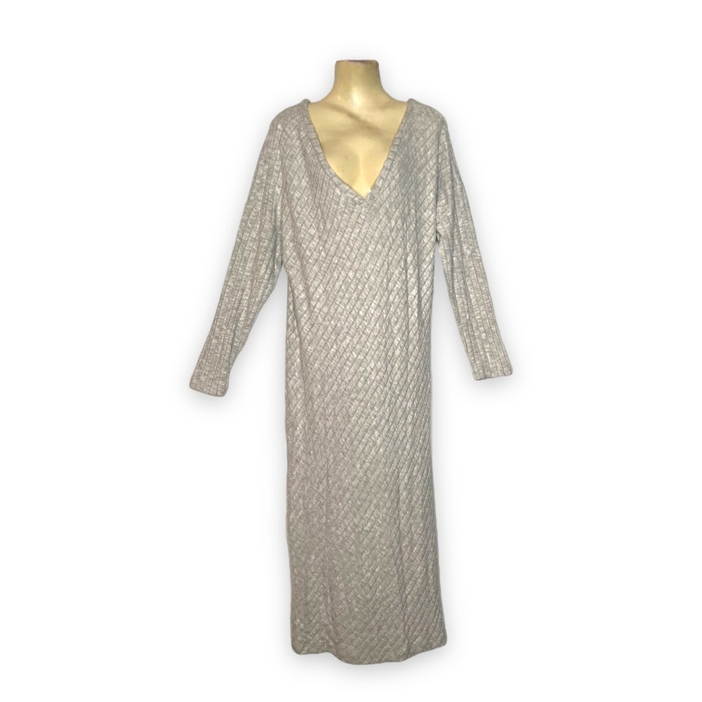 Find Brand Heather Gray Long Dress Chevron Ribbed Knit Maxi Long Sleeve